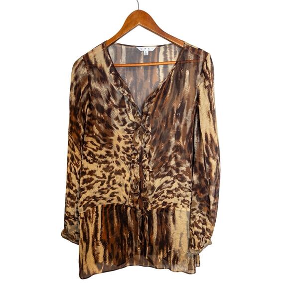 Vintage Y2K CAbi Silk Leopard Print Ruffle Placket Long Hem Blouse Style 806 - Picture 5 of 8